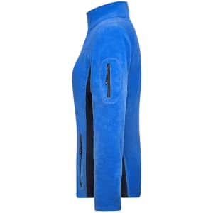 A ladies polar fleece jacket in a vibrant blue colour, featuring zip pockets and a full zip front.