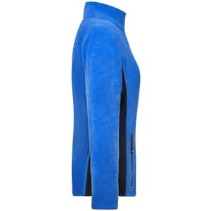 A blue polar fleece jacket featuring a high collar and zippered side pockets, with a contrasting black design.