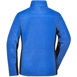 A blue and black polar fleece jacket with a high collar, featuring a logo on the back.
