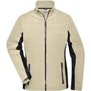 A fleece jacket in beige with black sleeves and zippered pockets, featuring a high collar and a logo.