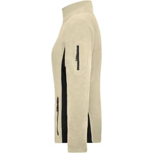 A ladies workwear fleece jacket in beige with black accents, featuring zippered pockets and a high collar.