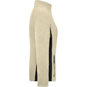 A polar fleece jacket in beige with black side panels, featuring a high collar and zippered pockets.