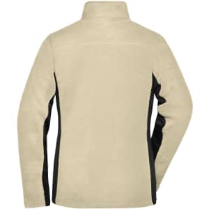 A polar fleece jacket in beige with black side panels, featuring a high collar and long sleeves.