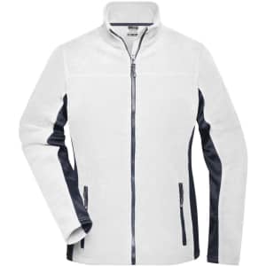 A polar fleece jacket in white with navy accents, featuring a zip front and side pockets. It has a logo.