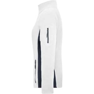 A polar fleece jacket in white with navy side panels and zippered pockets. Features a logo on the sleeve.