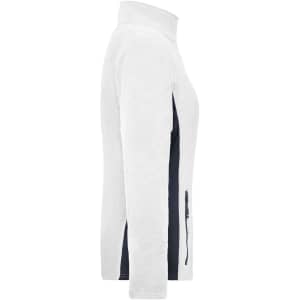 A polar fleece jacket in white with navy side panels, featuring a high collar and a logo.