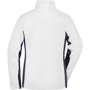 A white and navy polar fleece jacket featuring a high collar and a sleek design at the back, with a logo.