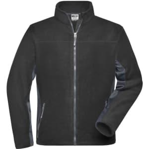 A men's fleece jacket in black with contrasting grey side panels, featuring a zip front and two side pockets.