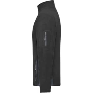 A men's workwear fleece jacket in black, featuring a zippered pocket on the upper arm and side pockets.