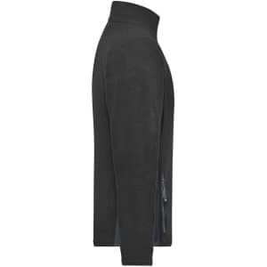 A black men's workwear fleece jacket, featuring a high collar and side zippers. Brand logo visible.