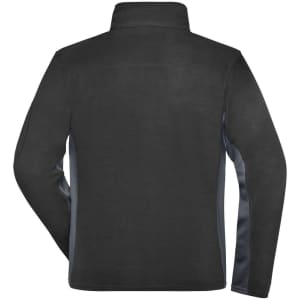 A black fleece jacket featuring a high collar and side panels, designed for men's workwear. Includes a logo.