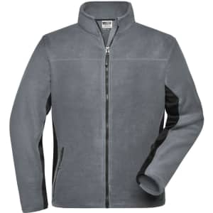 A grey fleece jacket with black accents and zippered pockets. It features a full zipper and a high collar.