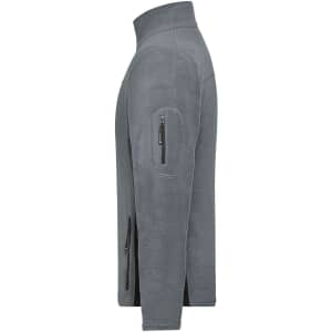 A grey fleece jacket with a high collar and zippered pockets on the sleeve and sides. It features a logo.