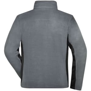 A grey fleece jacket with black side panels, featuring a stand-up collar and a logo on the back.