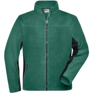 A men's workwear fleece jacket in teal green with black accents and zippered pockets. Features a high collar and front zip.