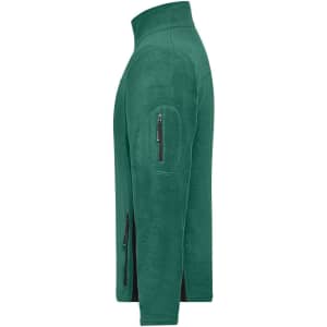 A green fleece jacket with a high collar, featuring side zip pockets and a zip pocket on the sleeve.