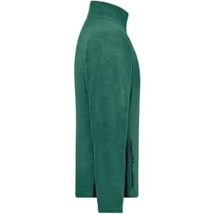 A green fleece jacket with a high collar and side zip pockets, featuring a logo on the chest.