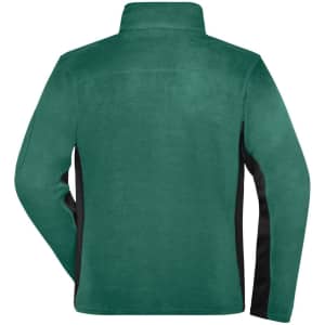 A men's workwear fleece jacket in green with black side panels, featuring a high collar and full-zip design.