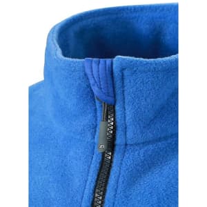 A blue fleece jacket featuring a high collar and a zip closure, with a visible logo on the zipper pull.