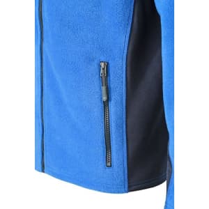A blue fleece jacket featuring a zippered pocket on the side and a black panel. It includes branding.