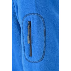 A blue fleece jacket featuring a zippered pocket on the sleeve and a soft texture. It has a logo on the zip.