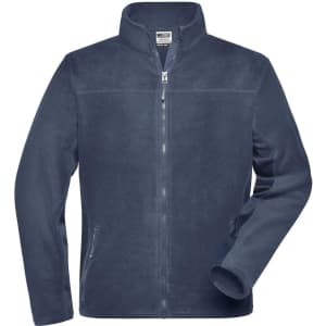A men's fleece jacket in navy blue, featuring a zip front, high collar, and side pockets. It has a branding logo.