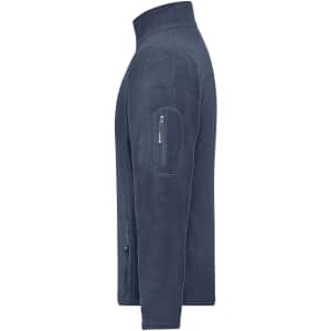 A navy fleece jacket featuring a zip pocket on the arm and side pockets, with a high collar and a logo.