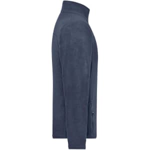 A navy fleece jacket with a high collar and side zipper pockets. Features branding on one side.