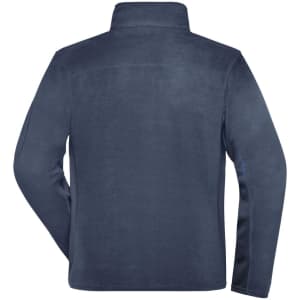 A navy fleece jacket with a high collar, featuring a smooth texture and a logo on the back.