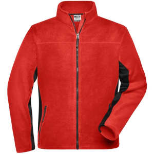 A red fleece jacket with black accents, featuring a zip front and side pockets. It has a high collar and long sleeves.