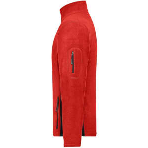 A red fleece jacket with a zippered pocket on the sleeve and side pockets. It has a high collar and a modern fit.