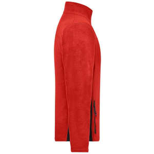 A red fleece jacket with a zippered pocket on the side and a high collar, featuring a logo.