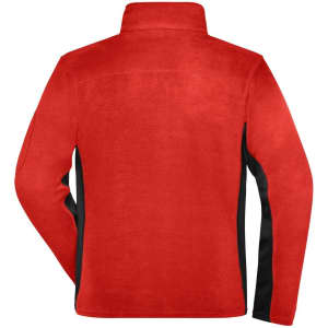 A red fleece jacket with black side panels and a high collar, featuring a logo on the back.