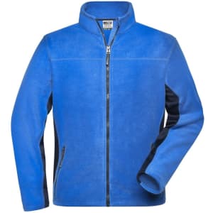 A blue fleece jacket with black detailing, featuring a zip front and side pockets. It has a collar and long sleeves.