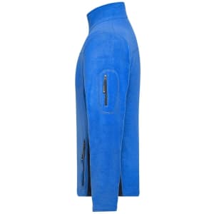 A blue fleece work jacket featuring zip pockets and a high collar, designed for durability and comfort.
