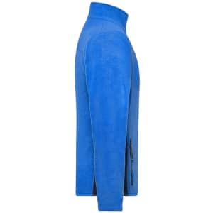 A fleece jacket in vibrant blue with a high collar and zippered side pockets, featuring a logo.