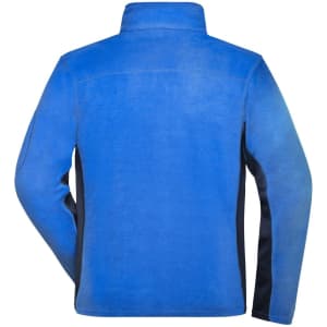 A blue fleece jacket with black side panels and a high collar, featuring a logo on the back.