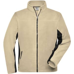 A men's fleece jacket in beige with black side panels, featuring a full zipper and pockets. It has a logo.