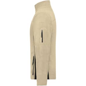A beige men's workwear fleece jacket featuring zippered pockets and a stand-up collar. It has a logo on the sleeve.