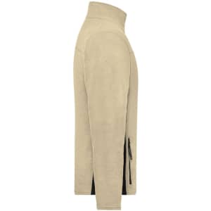 A men's workwear fleece jacket in a beige colour, featuring a zippered front and side pockets.