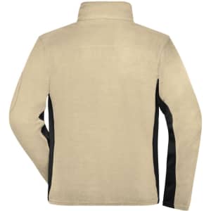 A beige men's workwear fleece jacket with black side panels, featuring a high collar and a logo on one sleeve.
