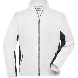 A men's fleece jacket in white with black accents, featuring a full zip and side pockets. Includes a logo.