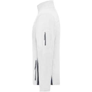 A fleece jacket in white with zippered pockets and a logo on the sleeve, designed for men's workwear.