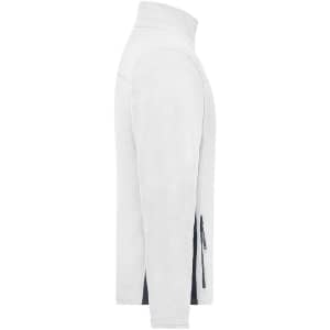 A men's workwear fleece jacket in white with a side zip pocket and a high collar, featuring a logo.