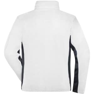 A fleece jacket in white with black side detailing and a high collar, designed for men’s workwear.