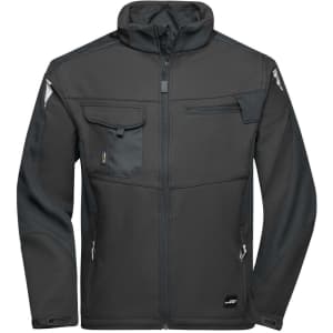 A dark grey softshell jacket with multiple zippered pockets and a hood, featuring a logo on the lower area.