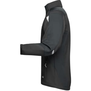 A softshell work jacket in black with grey accents and a branding logo, featuring a zip closure and side pockets.