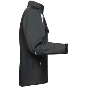 A black and grey softshell jacket features a zippered pocket and a logo on the chest.
