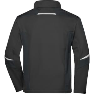 A black softshell jacket with reflective detailing, featuring a collared neck and long sleeves. It has a logo.