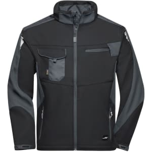 A black and grey softshell jacket featuring multiple pockets and a zip closure. It has a logo on one side.